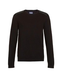 Topman Faux Leather Panel Crewneck Sweater Black Medium