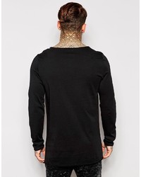 Asos Brand Longline Long Sleeve T Shirt With Distressed Hem And Raw Edge Boat Neck