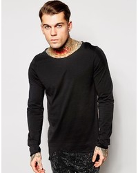 Asos Brand Longline Long Sleeve T Shirt With Distressed Hem And Raw Edge Boat Neck