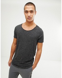 ASOS DESIGN Longline T Shirt With Raw Scoop Neck And Curve Hem In Linen Mix In Black