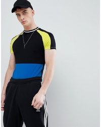 ASOS DESIGN Muscle Fit Raglan T Shirt With Contrast Colour Block And Tipping In Black