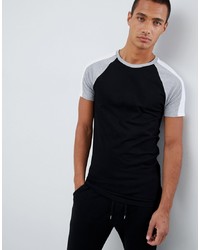 ASOS DESIGN Muscle Fit T Shirt With Contrast Split Sleeves In Black And Curved Hem