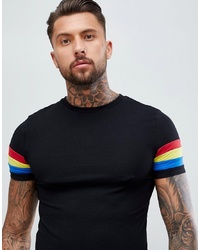 ASOS DESIGN Muscle Fit T Shirt With Curved Hem And Bright Contrast Sleeve Panel In Black