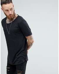 ASOS DESIGN Relaxed Longline T Shirt With Raw Scoop Neck And Curve Hem In Linen Mix In Black