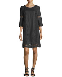 Neiman Marcus Linen 34 Sleeve Crochet Trim Shift Dress Black