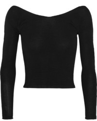 Ballet Beautiful Cropped Off The Shoulder Stretch Knit Sweater Black