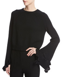Helmut Lang Cropped Bell Sleeve Ruffle Pullover Sweater Black