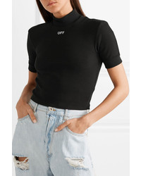 Off-White Printed Ribbed Stretch Cotton Jersey Turtleneck Top