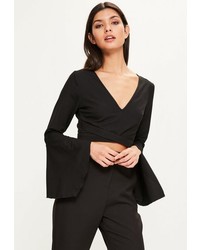 Missguided Black Cross Front Frill Sleeve Crop Top