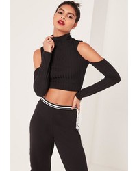 Missguided Black Jumbo Ribbed Cut Out Detail Sleeve Crop Top