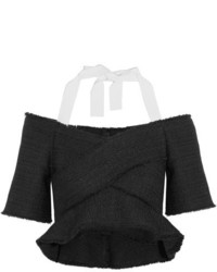 Proenza Schouler Cropped Cold Shoulder Tweed Top Black