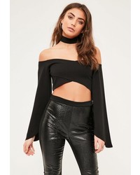 Missguided Black Flared Sleeve Choker Neck Crop Top