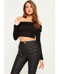 Missguided Black Ruched Bardot Crop Top