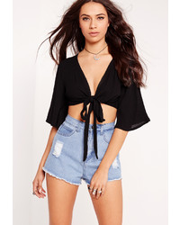 Missguided Cheesecloth Tie Front Crop Top Black