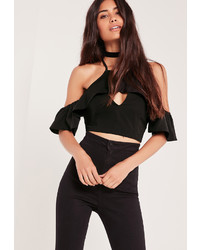 Missguided Frill Sleeved Crop Top Black