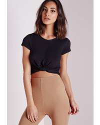 Missguided Knot Front Capped Sleeve Crop Top Black