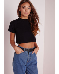 Missguided Petite Roll Sleeve Cotton Crop Top Black