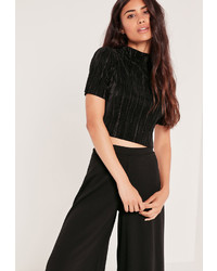 Missguided Pleated High Neck Short Sleeve Crop Top Black