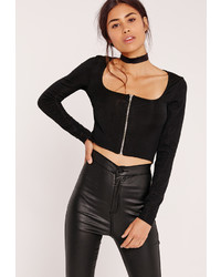 Missguided Square Neck Ribbed Zip Front Crop Top Black