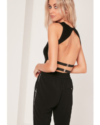 Missguided Strap Back Detail Sheen Ribbed Crop Top Black