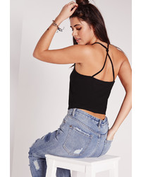 Missguided Strappy Knot Back Jersey Crop Top Black