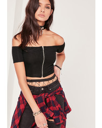 Missguided Zip Front Ribbed Bardot Crop Top Black