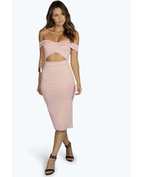 Boohoo Corinna Off The Shoulder Cut Out Detail Midi Bodycon Dress