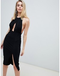 Love Triangle Halterneck Bodycon Dress With Keyhole Front And Lace Back In Black