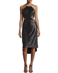 Halston Heritage Sleeveless Metallic High Low Cutout Dress Black