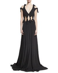 Rosetta Getty Knotted Cutout V Neck Gown Black