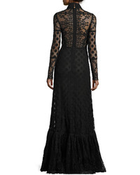 Elie Saab Long Sleeve V Cutout Lace Gown Black