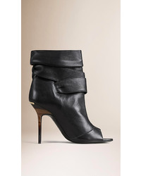 Burberry Buckle Detail Leather Peep Toe Ankle Boots