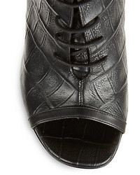 Saint Laurent Open Toe Lace Up Croc Embossed Leather Booties