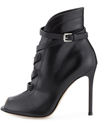 Gianvito Rossi Peep Toe Leather Lace Up Bootie Black
