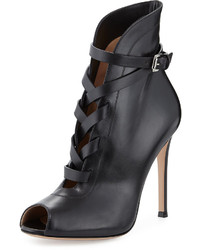 Gianvito Rossi Peep Toe Leather Lace Up Bootie Black