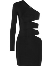 Balmain One Shoulder Cutout Stretch Knit Mini Dress Black