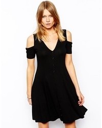 Asos Skater Dress With Cold Shoulder And 90s Button Through Black