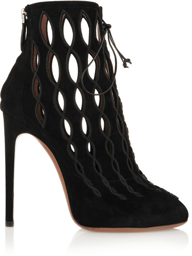 Laser Cut Buckled Leather Boots in Black - Alaia