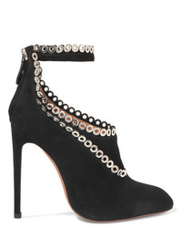 Alaia Alaa Eyelet Embellished Cutout Suede Ankle Boots Black