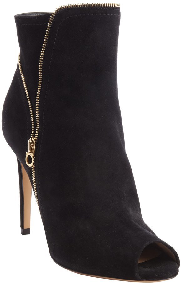 Salvatore Ferragamo Black Suede Zipper Detail Peep Toe Heel Riona Booties,  $1,260, Belle & Clive