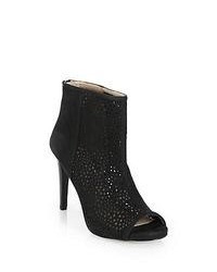 Stuart Weitzman Perforated Suede Peep Toe Ankle Boots Black