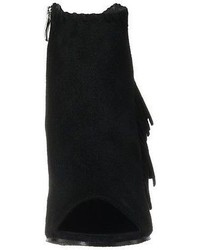 Vince Camuto Tecca Black Suede Open Toe Peep Toe Ankle Bootie With Fringe Detail