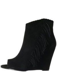 Vince Camuto Tecca Black Suede Open Toe Peep Toe Ankle Bootie With Fringe Detail