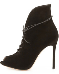 Gianvito Rossi Suede Peep Toe Lace Up Bootie Black