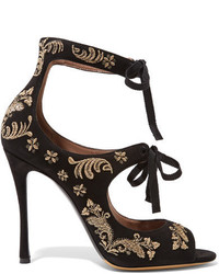 Tabitha Simmons Sabina Cutout Embroidered Suede Sandals Black