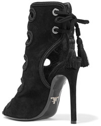 Prada Tasseled Cutout Suede Sandals Black