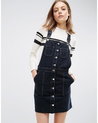 Asos Denim Button Through Overall Dress With Raw Hem In Black