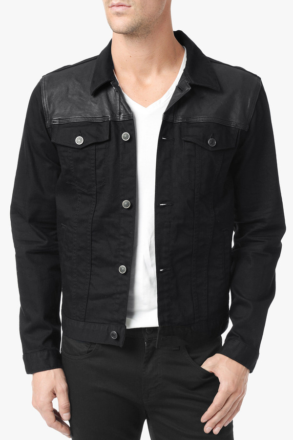 7 For All Mankind Leather Paneled Jean Jacket In No Fade Black Black ...