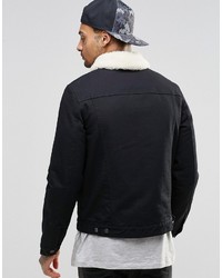 Asos Brand Denim Jacket With Fleece Collar In Black