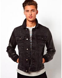 Asos Denim Jacket With Faux Leather Sleeves
